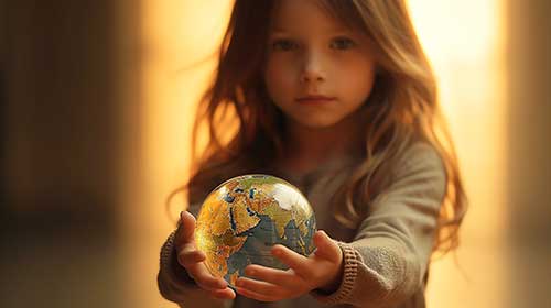 地球を抱く外国人少女（環境保護のイメージ）