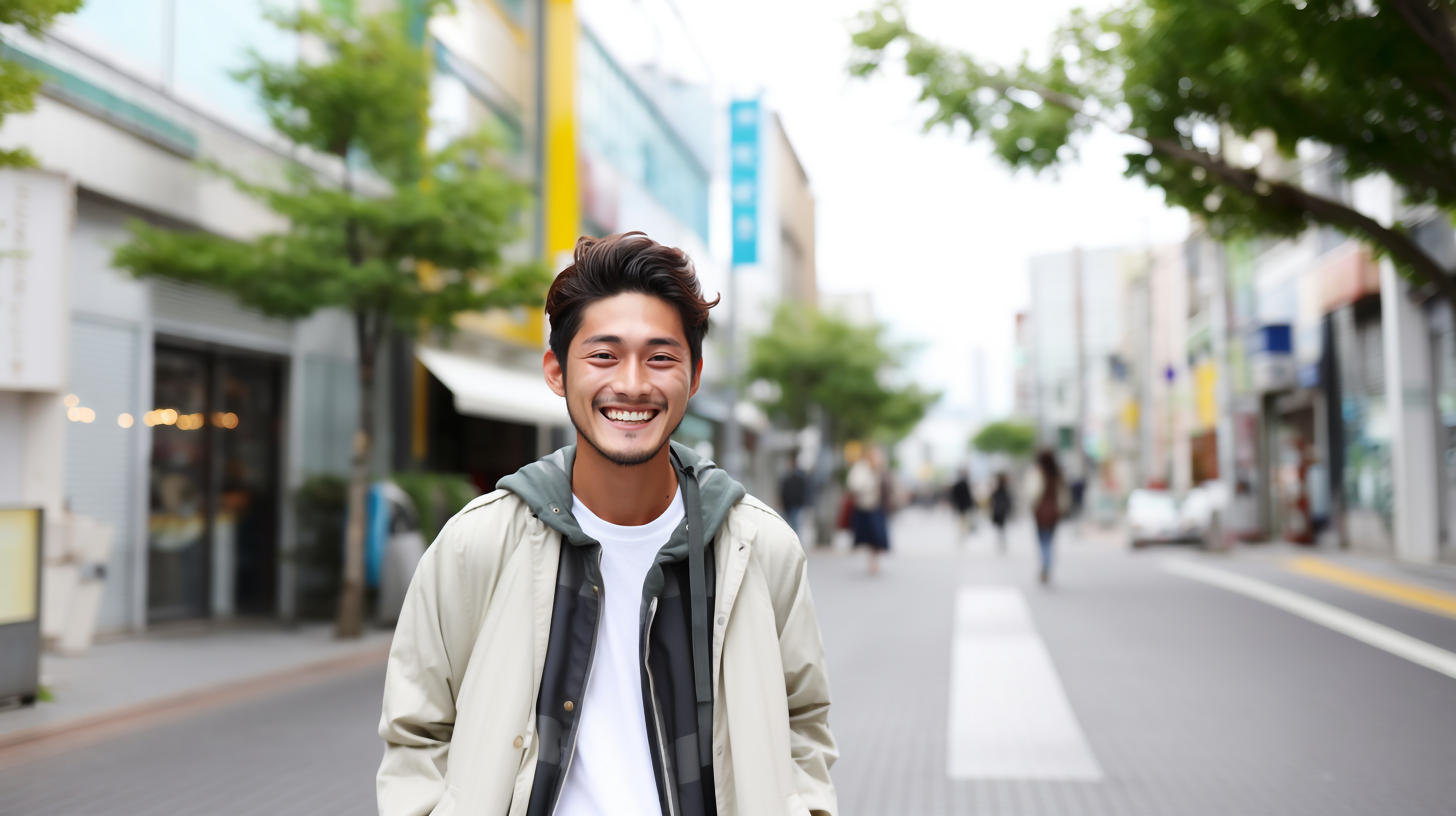 商店街で笑顔の若者