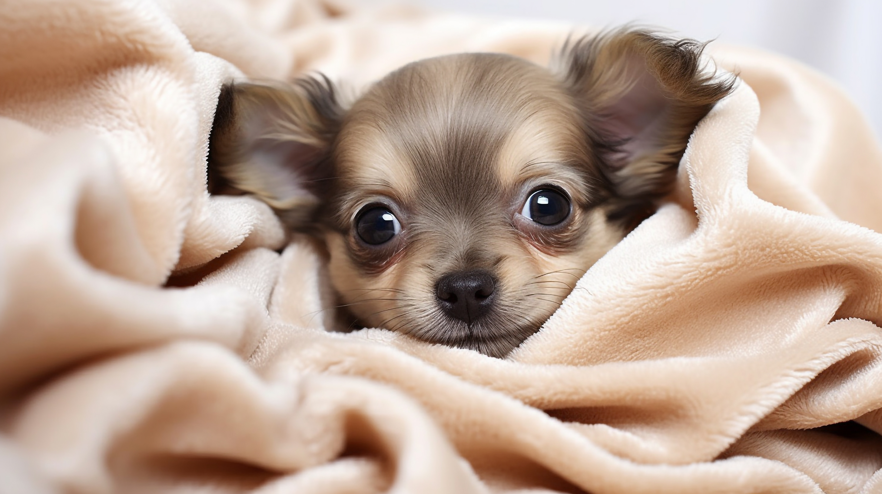 毛布に包まれたチワワの子犬