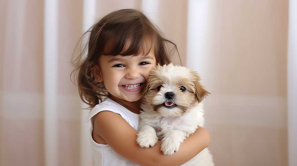 子犬を抱っこする外国人少女