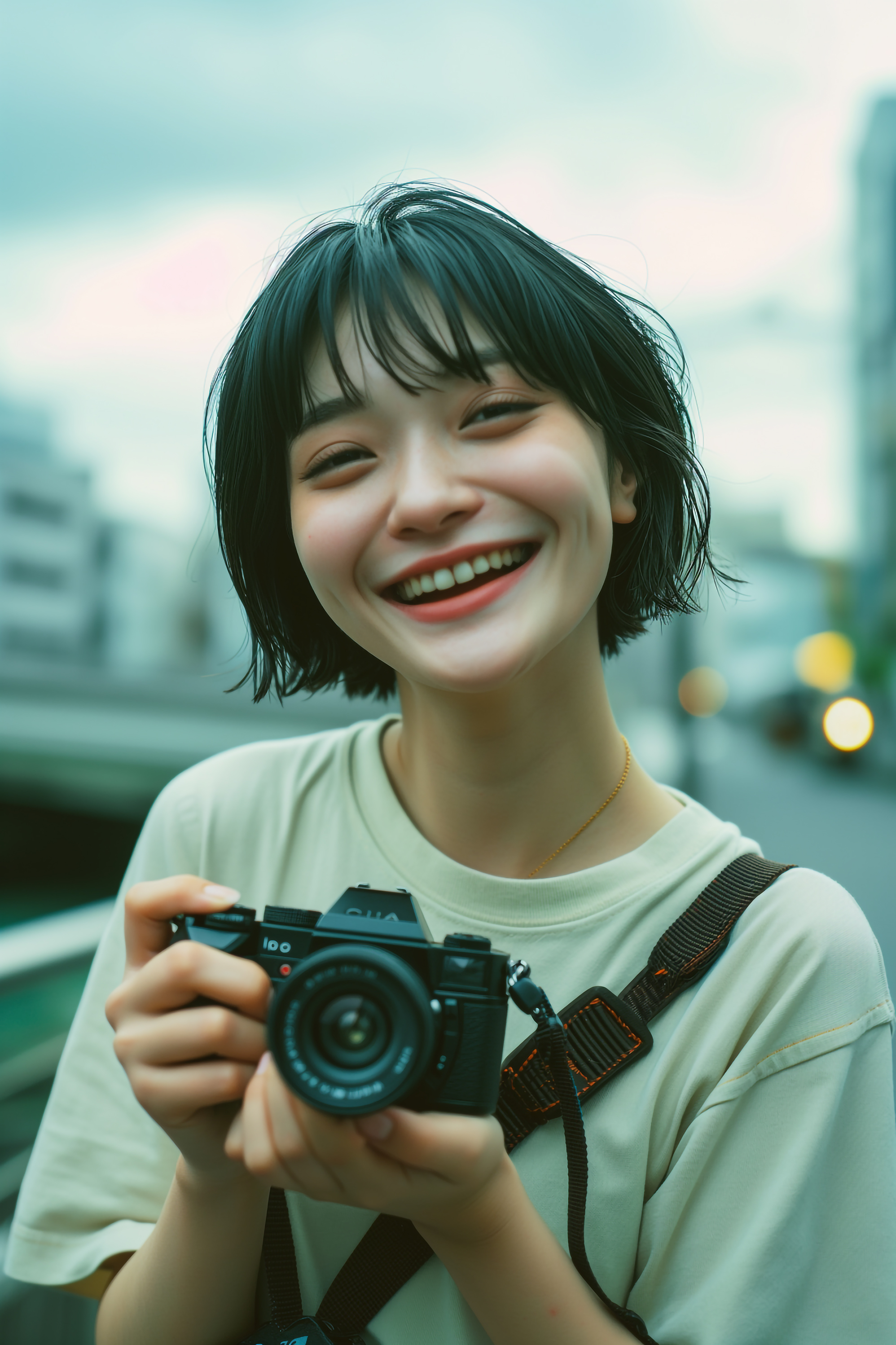 カメラを手に持って微笑む若い女性｜フリー写真素材
