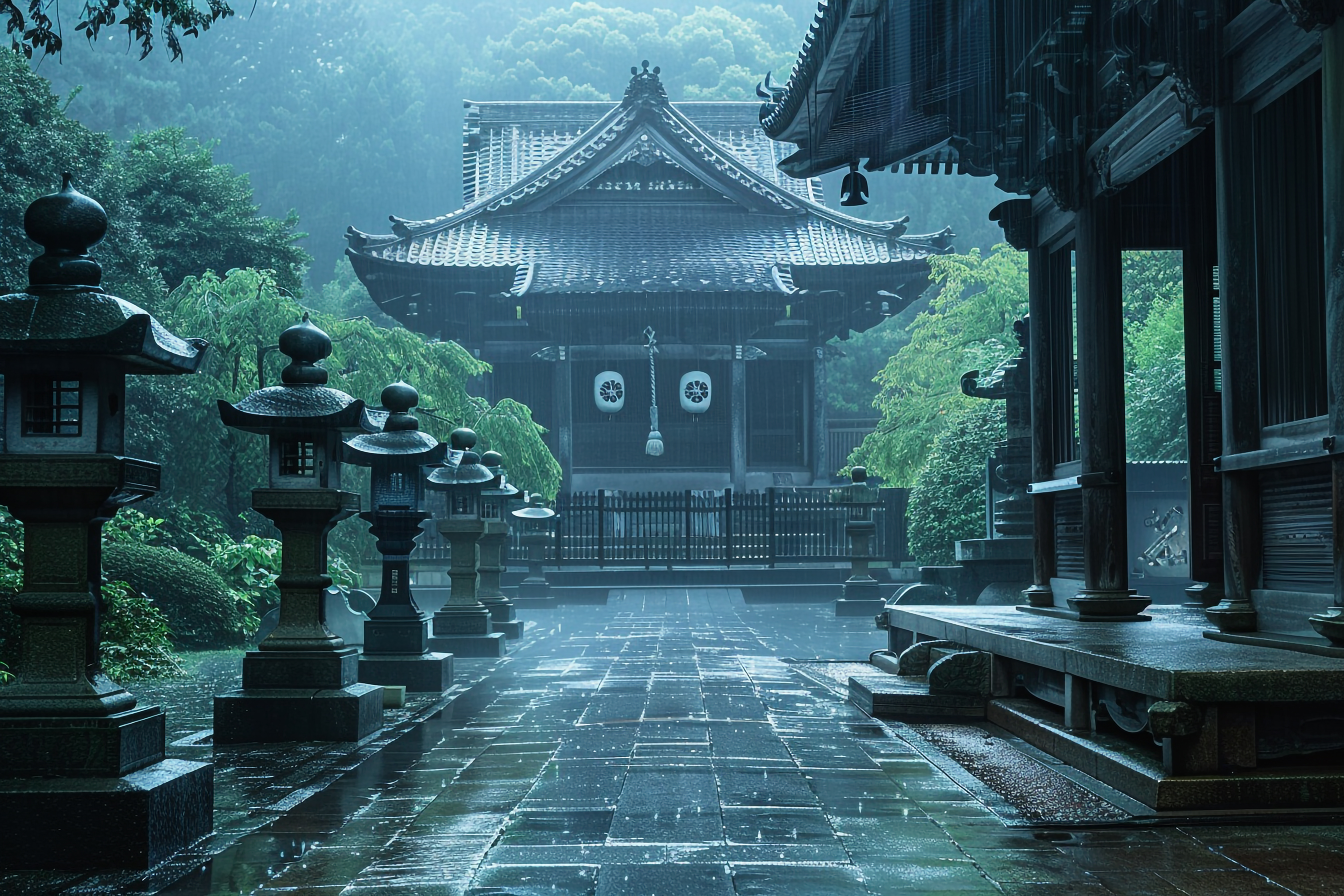 雨の日の神社