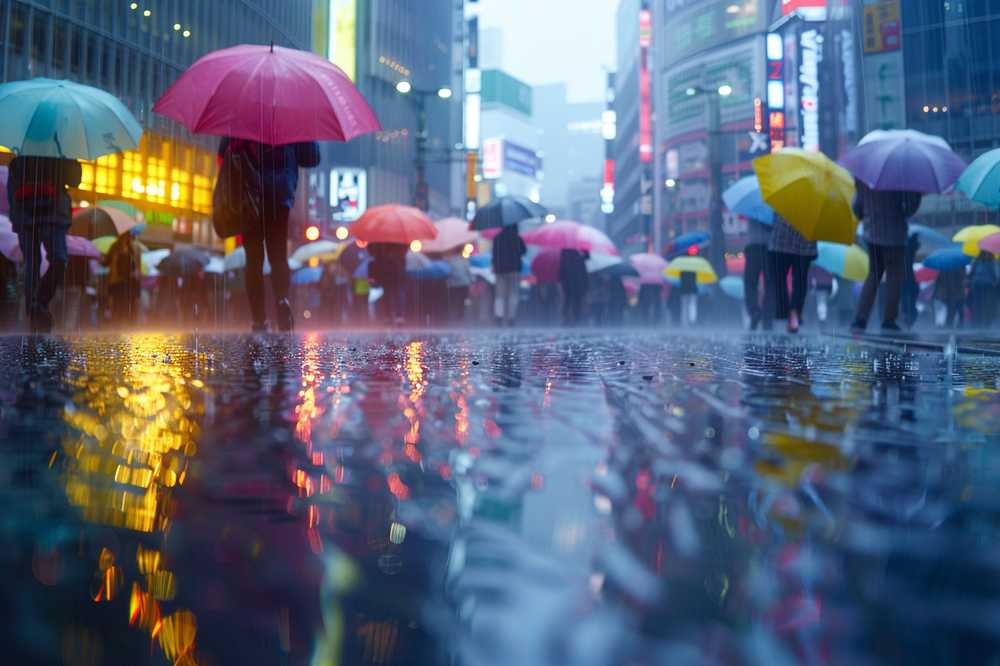 雨の日のビジネス街の人々