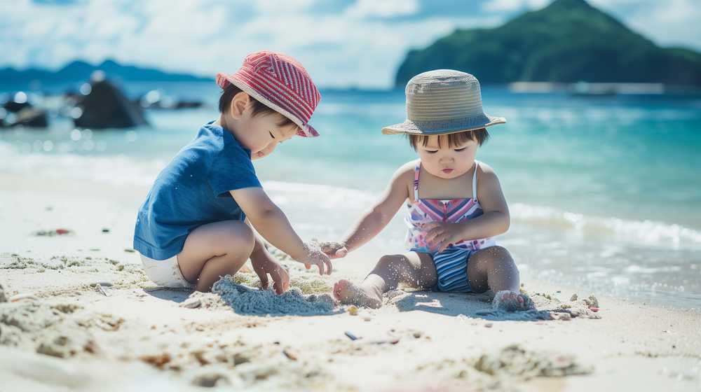 夏の浜辺で遊ぶ幼い兄弟