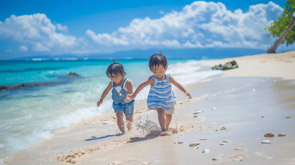 夏の浜辺を歩く幼い姉妹