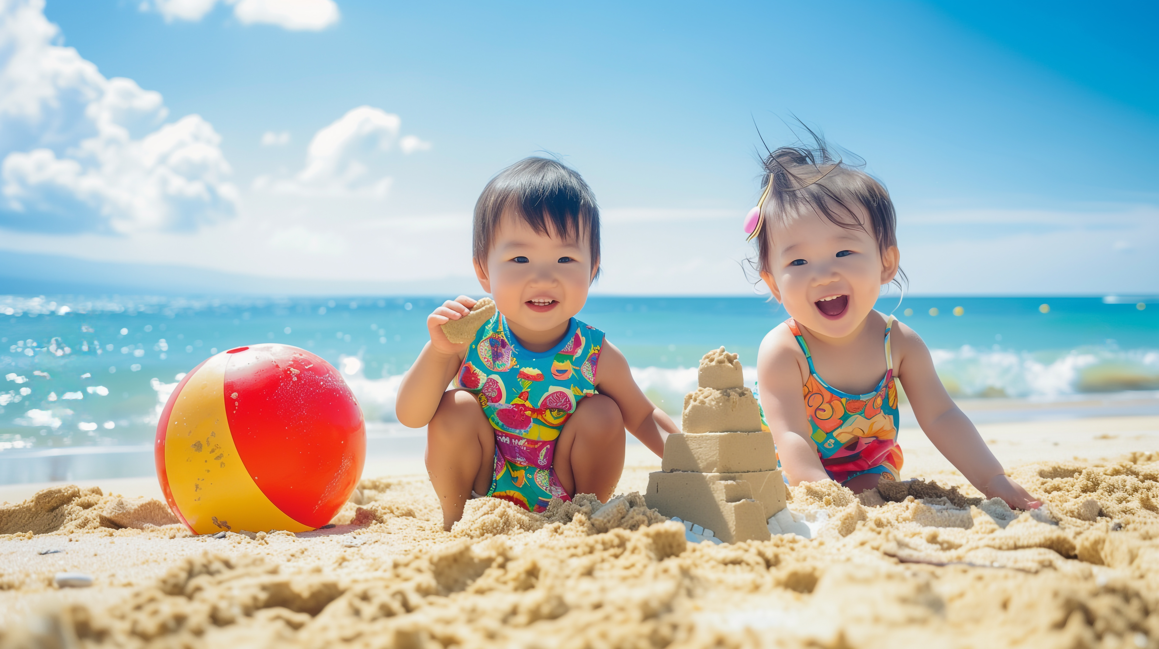 浜辺で遊ぶ幼い兄妹