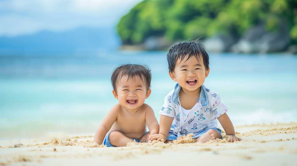 浜辺で笑顔の兄弟