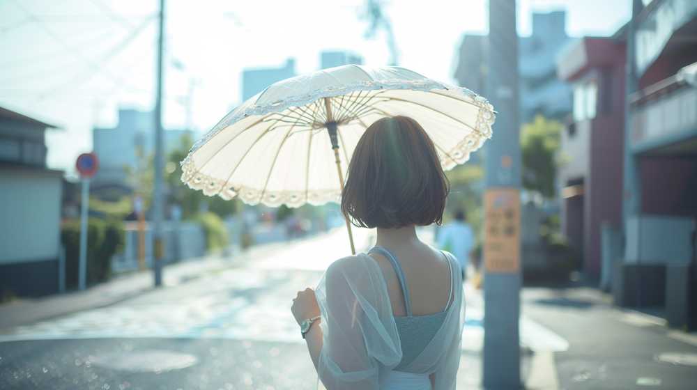 日傘をさした若い女性の後ろ姿