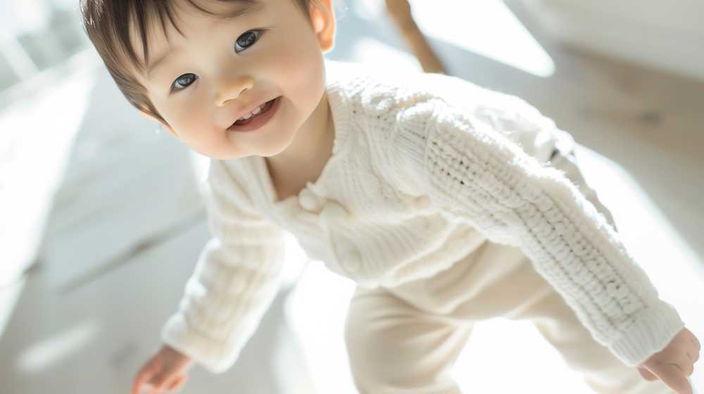 白い服を着た笑顔の幼児